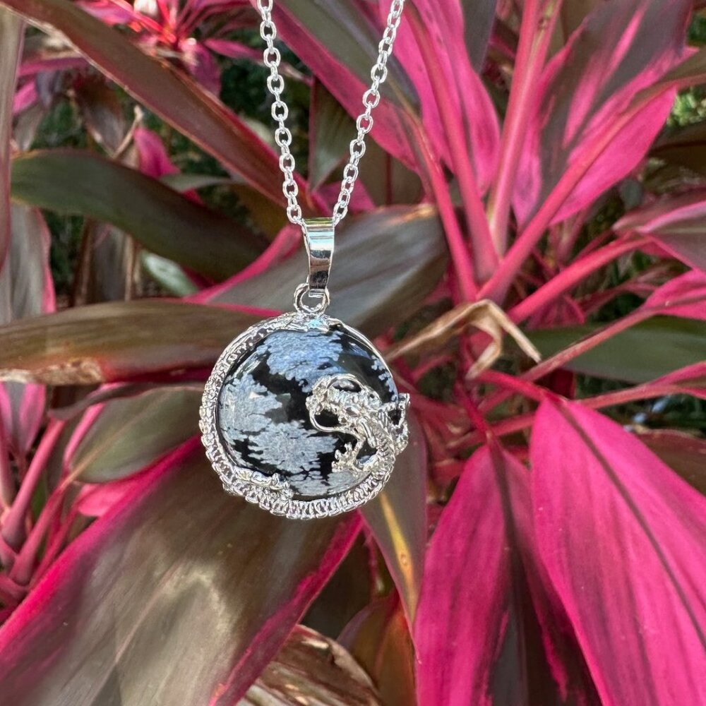 NEW Snowflake Obsidian Dragon Flat Pendant Necklace